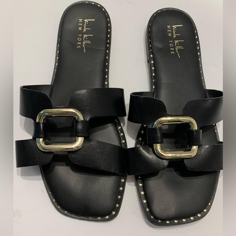 Nicole Miller Black & Gold Buckle Sandals Slides Size 8